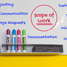 whiteboard on yellow background outlining what is required for a scope of work